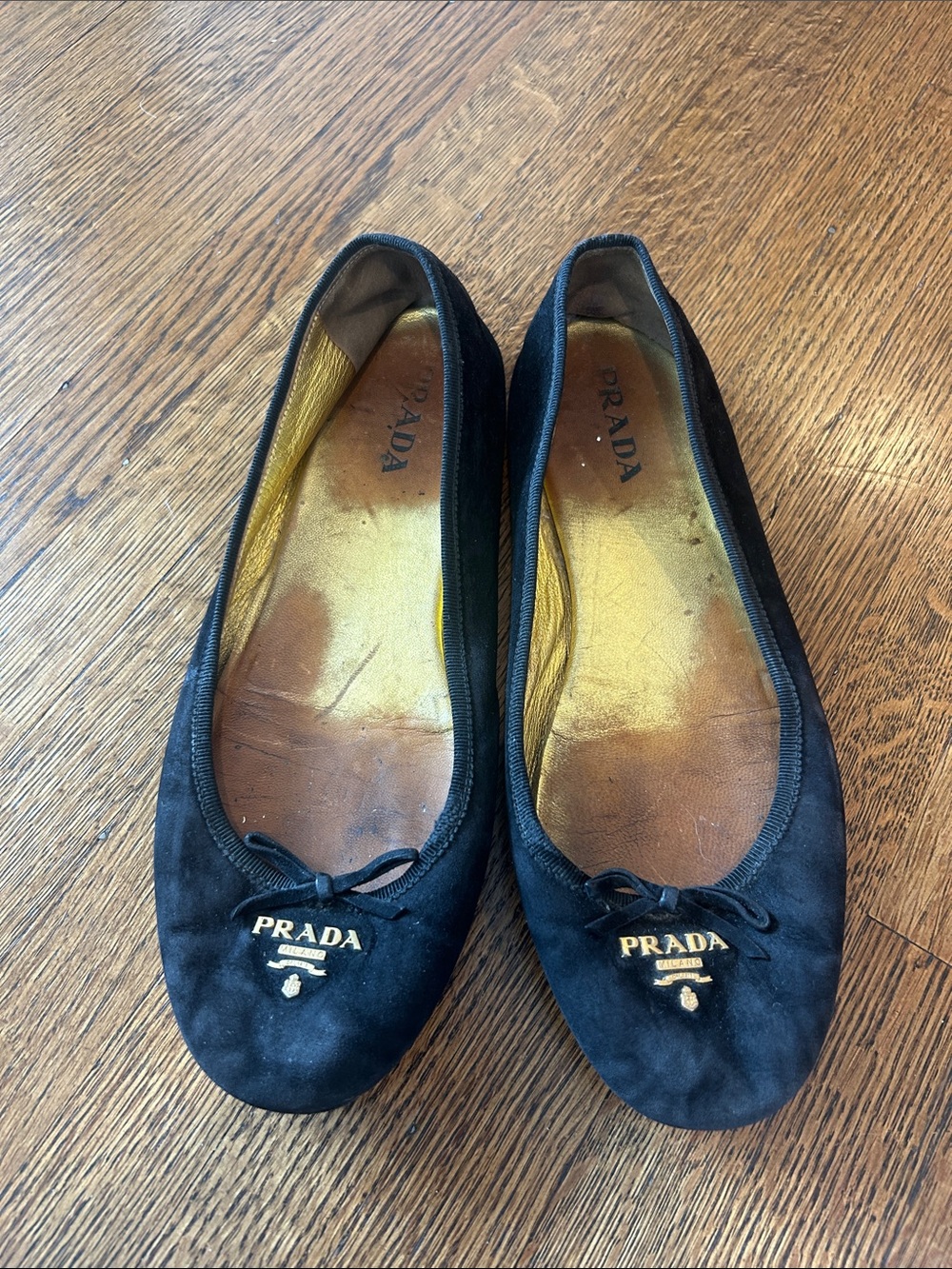 Prada Black Suede Ballet Flats with Gold Logo 37.5